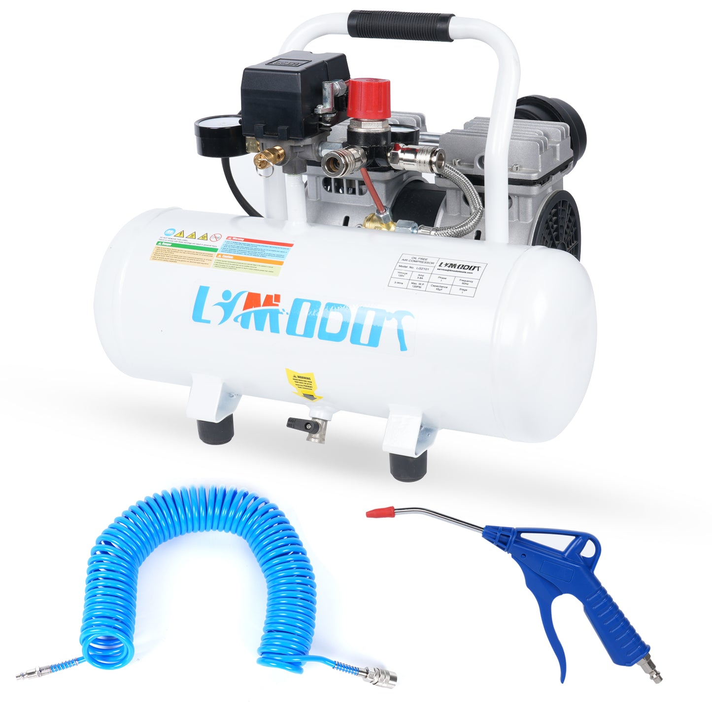 Limodot Air Compressor, Ultra Quiet Air Compressor, Only 60dB, 2 Gallon Air Tank, Dual Couplers Supports Two Users, Fast 20s Recovery, Oil-Free, 30ft Air Hose with Air Blow Gun Kit