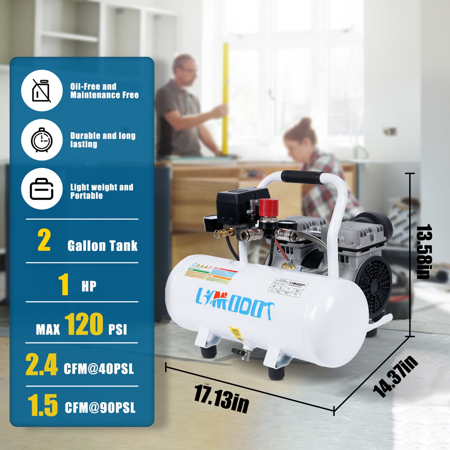 Limodot Air Compressor, Ultra Quiet Air Compressor, Only 60dB, 2 Gallon Air Tank, Dual Couplers Supports Two Users, Fast 20s Recovery, Oil-Free, 30ft Air Hose with Air Blow Gun Kit